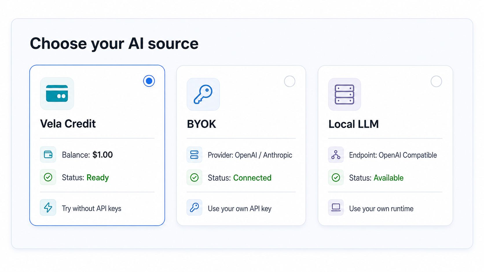 Vela Credit、BYOK、Local LLMから、使いたいAI利用手段を選べる。